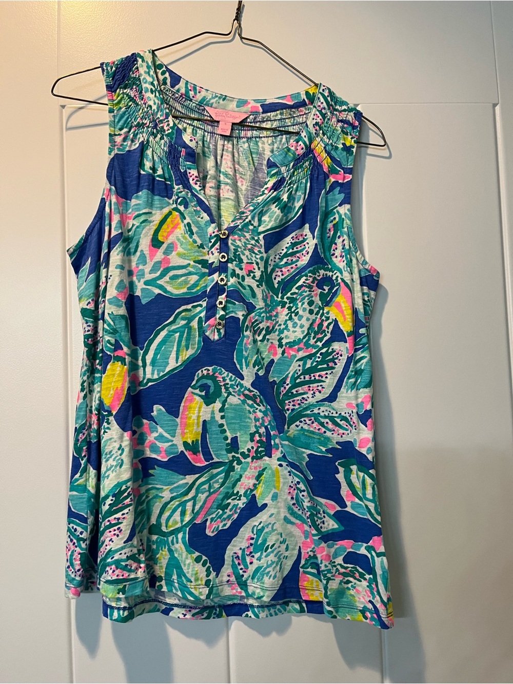 Lilly Pulitzer Sleeveless Tropical Henley Tank - Blue, Green, Pink, Yellow